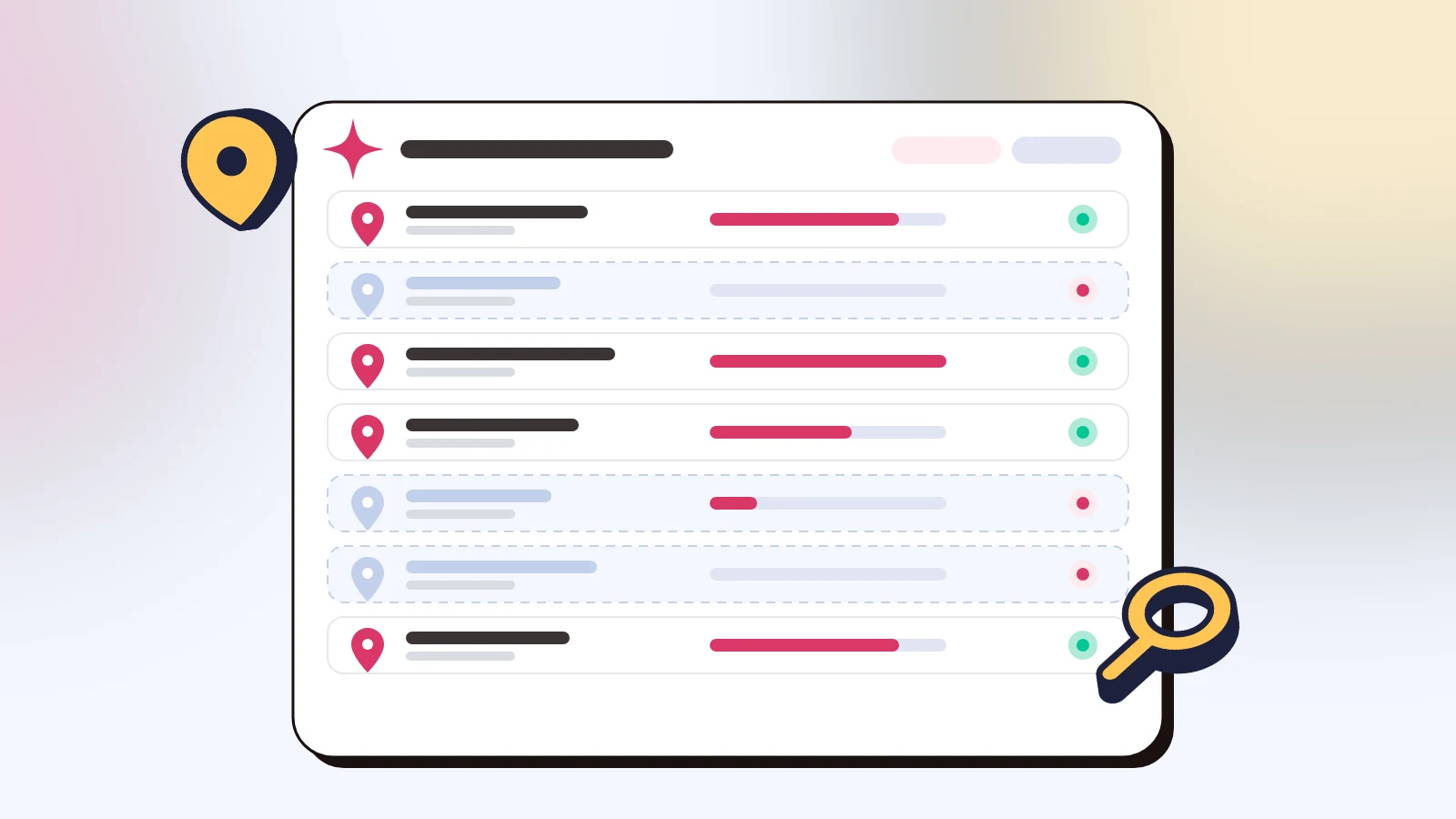 Tableau de bord d'un réseau où certains points de vente sont visibles dans les réponses IA et d'autres absents