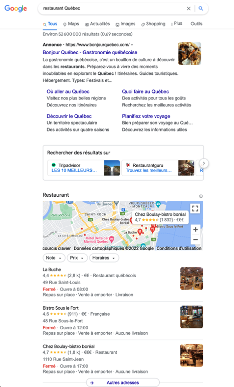 Local Pack Google : restaurant Québec