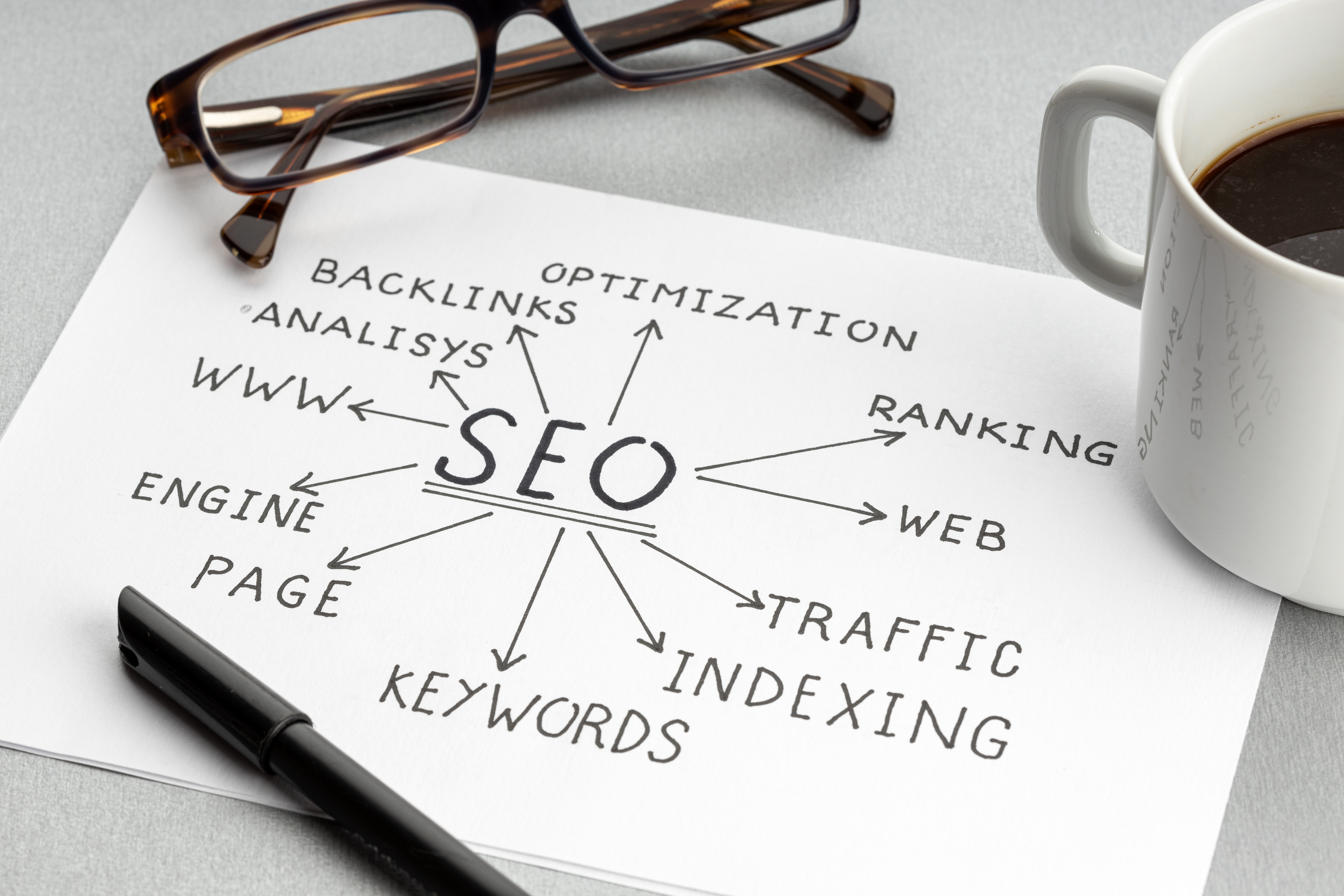 seo-concept-search-engine-optimization-paper-sheet-with-ideas-plan-cup-coffee-eyeglasses-desk