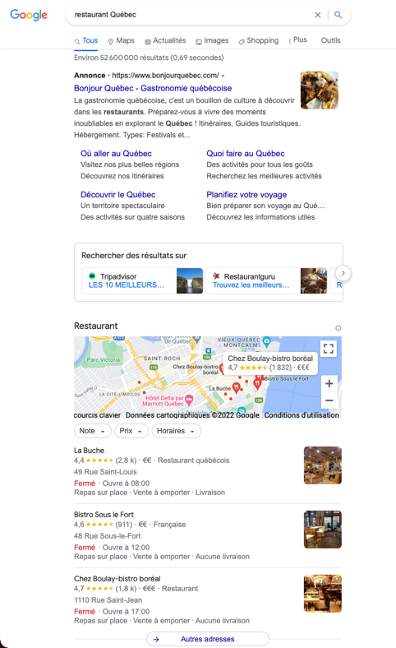 Local Pack Google : restaurant Québec